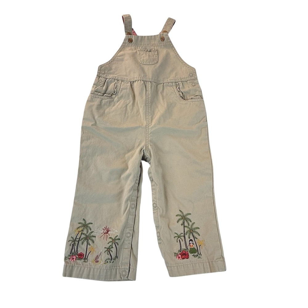 Gymboree Girls Tropiclal Overalls 18-24M Tan Hula Embroidery Palm Trees Snaps